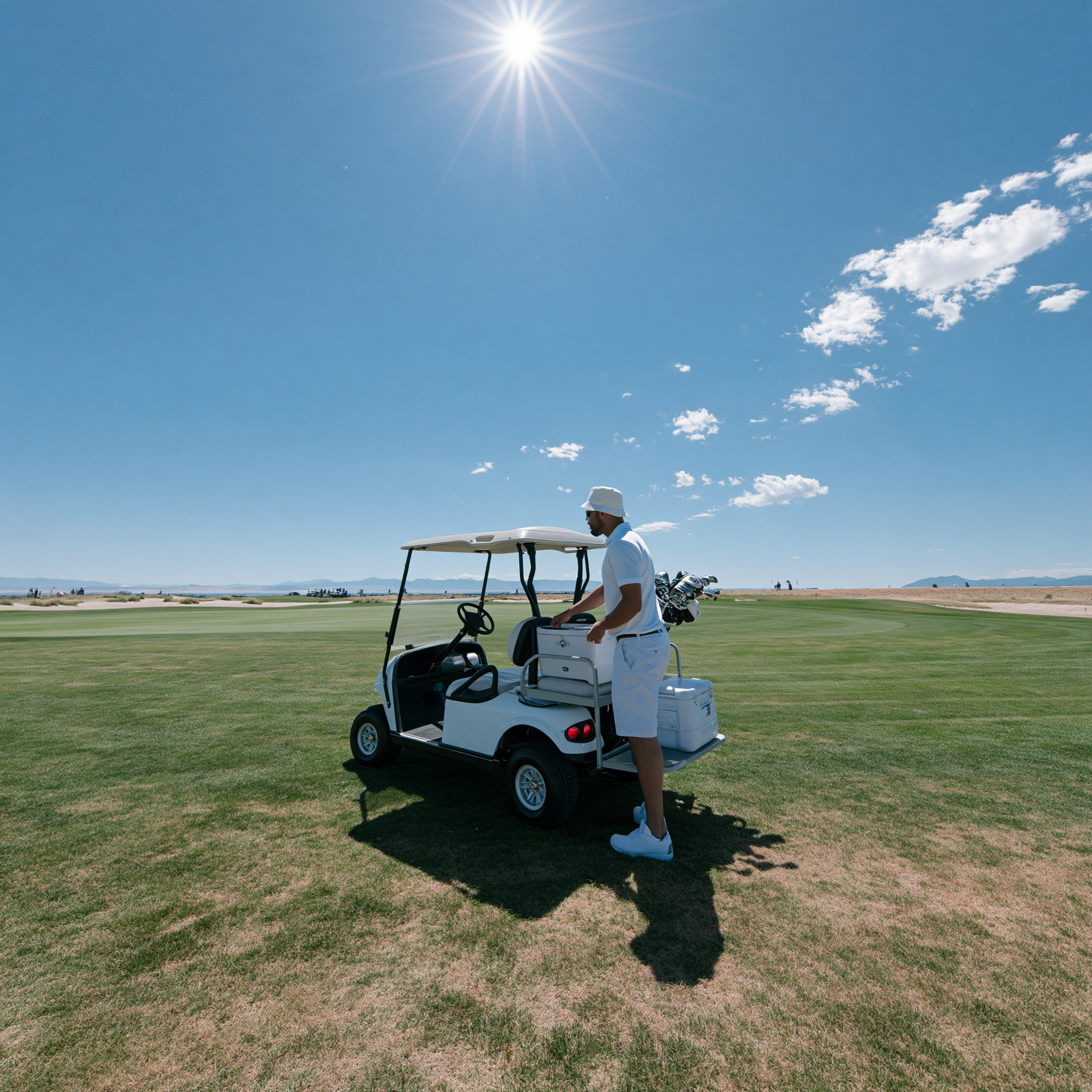 Golfer swapping insert at golf cart cooler